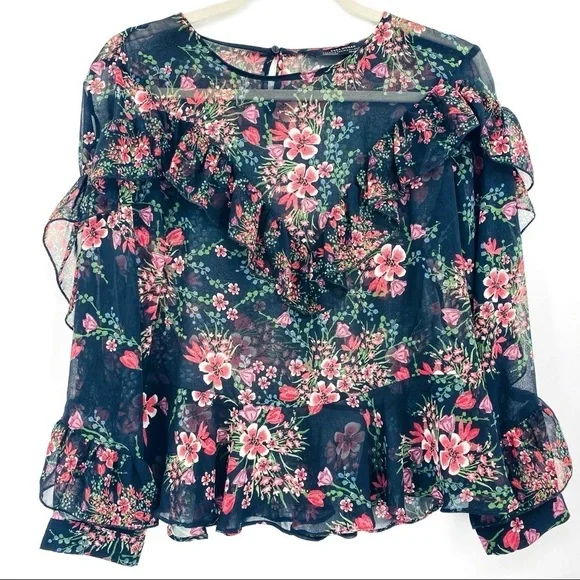 Zara Women Sheer Floral Long Sleeve Ruffled Layered Pink Black Cuffed Blouse SzM - Picture 7 of 15